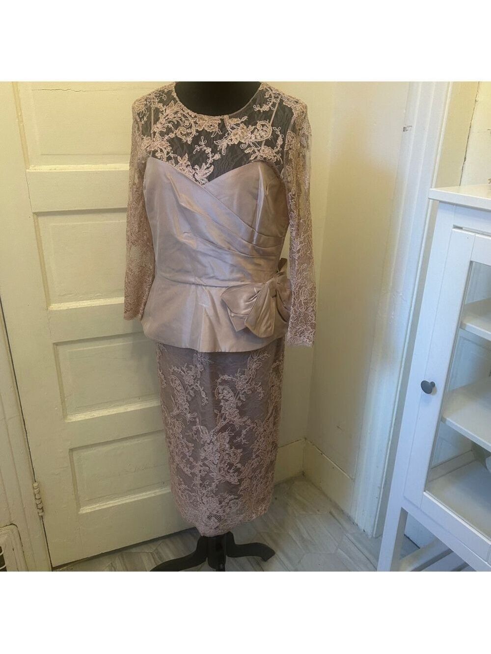 Rickie Freeman Teri Jon Satun Lace Overlay Peplum Midi Dress Blush Bow Wedding